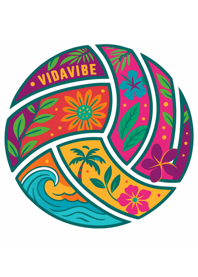 Colorful volleyball with floral and wave design and 'VIDAVIBE' branding on a white background